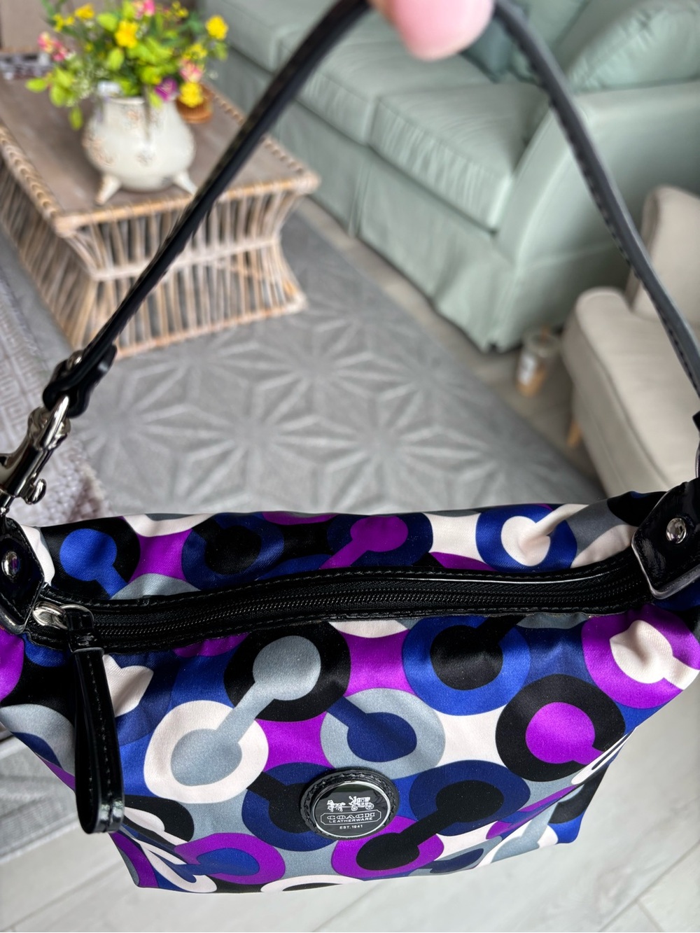 💙🖤💜COACH Alex Op Art Purple Multiprint Wristlet Mini Bag💜🖤💙 - Picture 8 of 13